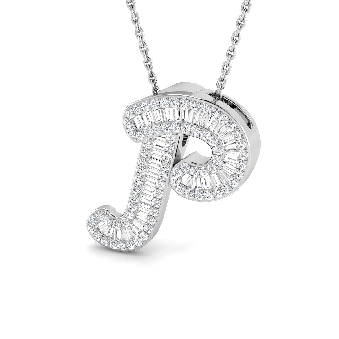 Diamond Script Initial Pendant with Baguette and Round Diamonds
