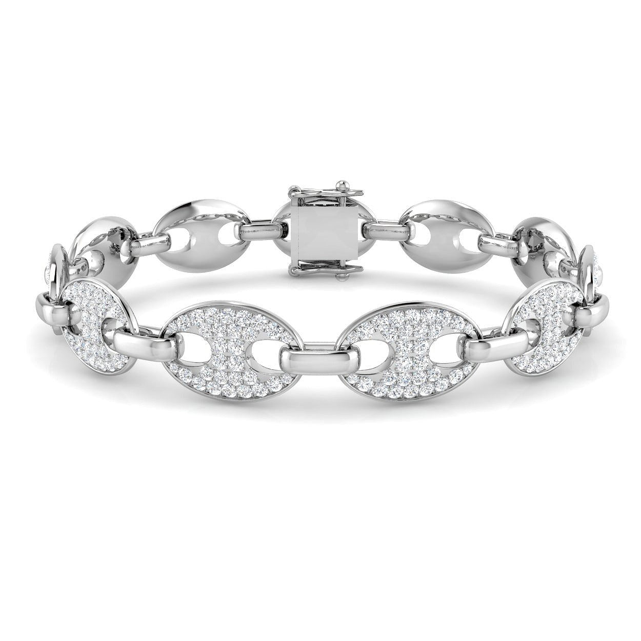 9K White Gold Natural Diamond Puff Link Bracelet, Pave Set Oval Diamond Puff Chain Bracelet