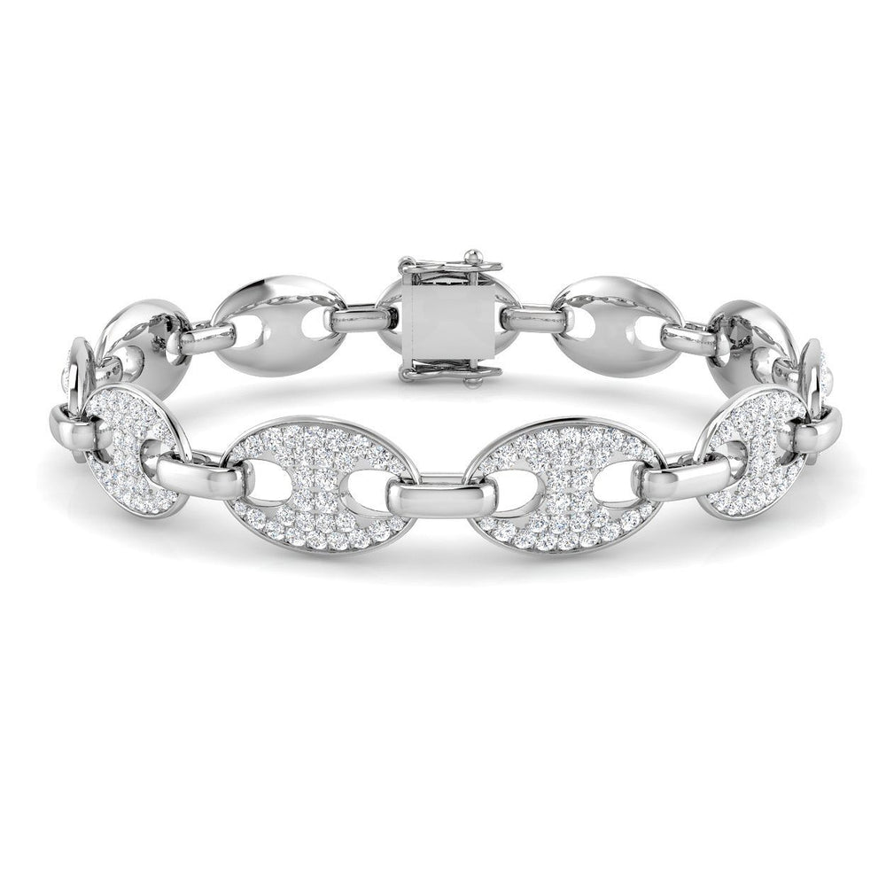 9K White Gold Natural Diamond Puff Link Bracelet, Pave Set Oval Diamond Puff Chain Bracelet