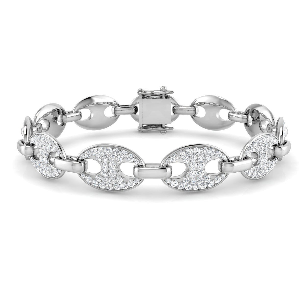 9K White Gold Natural Diamond Puff Link Bracelet, Pave Set Oval Diamond Puff Chain Bracelet