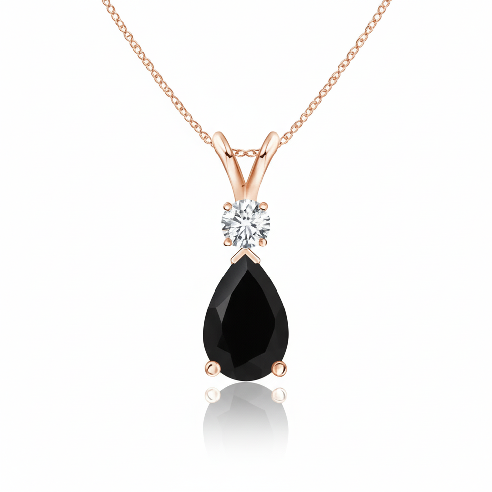 Pear Black Onyx & Diamond Rose Gold Pendant Necklace