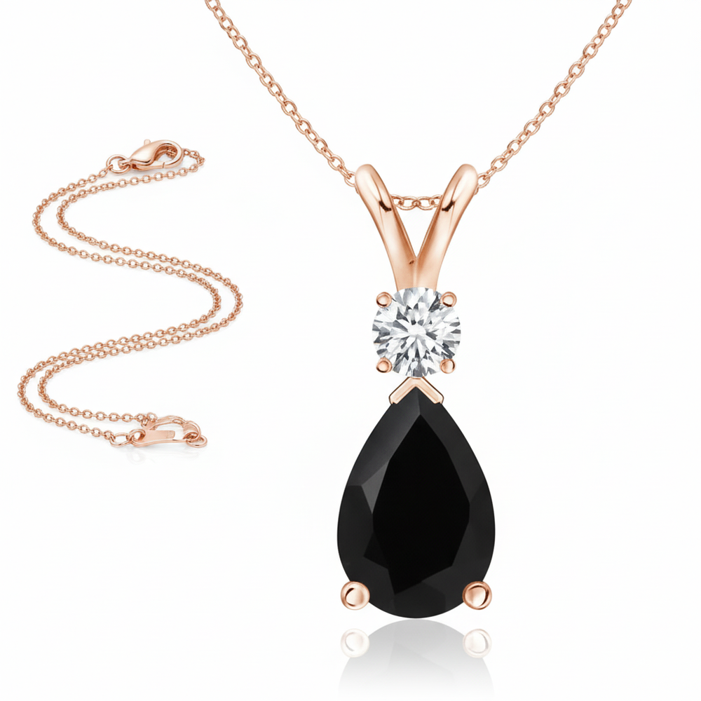 Pear Black Onyx & Diamond Rose Gold Pendant Necklace