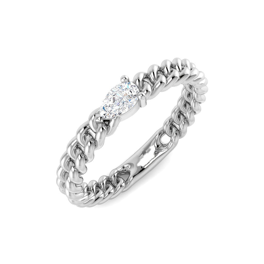 18K White Gold pear-shaped diamond solitaire ring with a chain band design