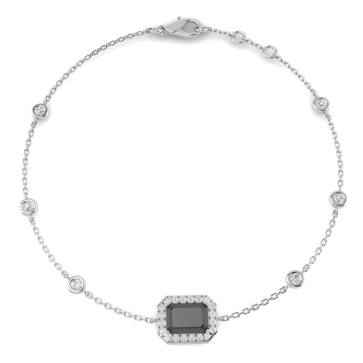 Emerald Cut Black Jewelry, Natural Diamond Halo Bracelet, Platinum Chain Diamond Bracelet