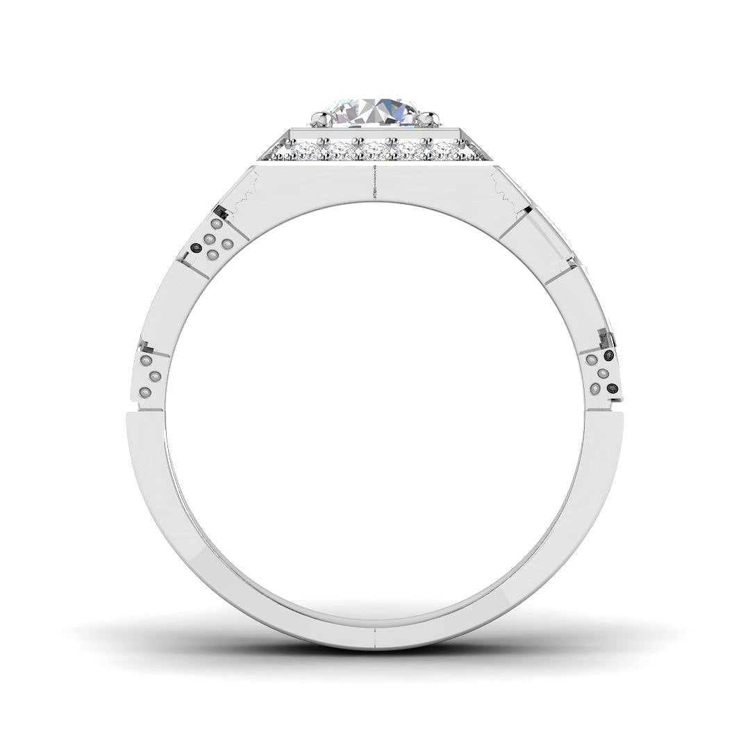 Silver ring with a central gemstone on a white background