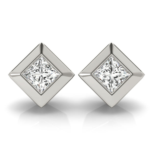 Stud Earrings with Lab Grown Princess Diamond Bezel Set - 9k Gold