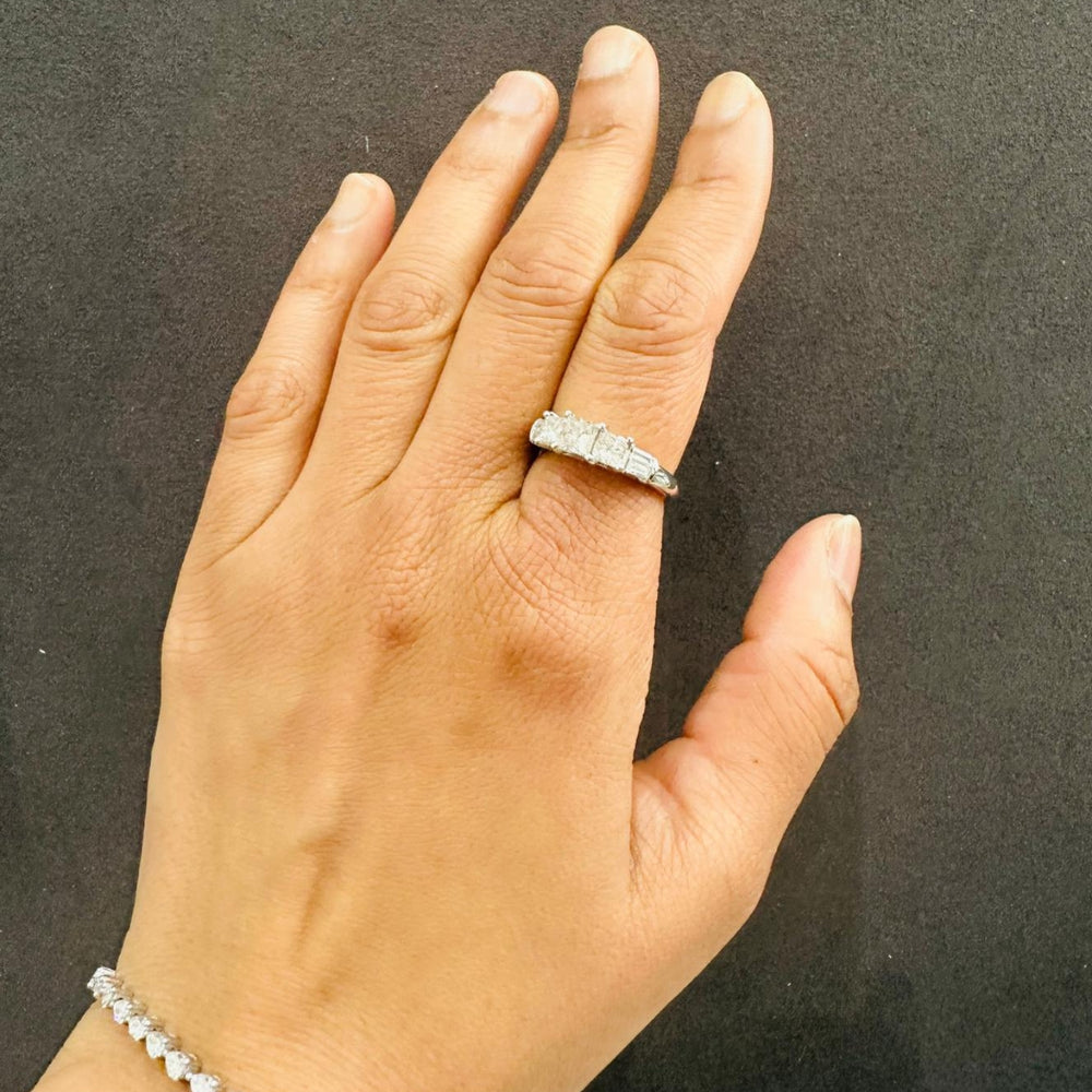 Princess Cut Natural Diamond Trilogy Engagement Ring with Baguette Sides 14K White Gold