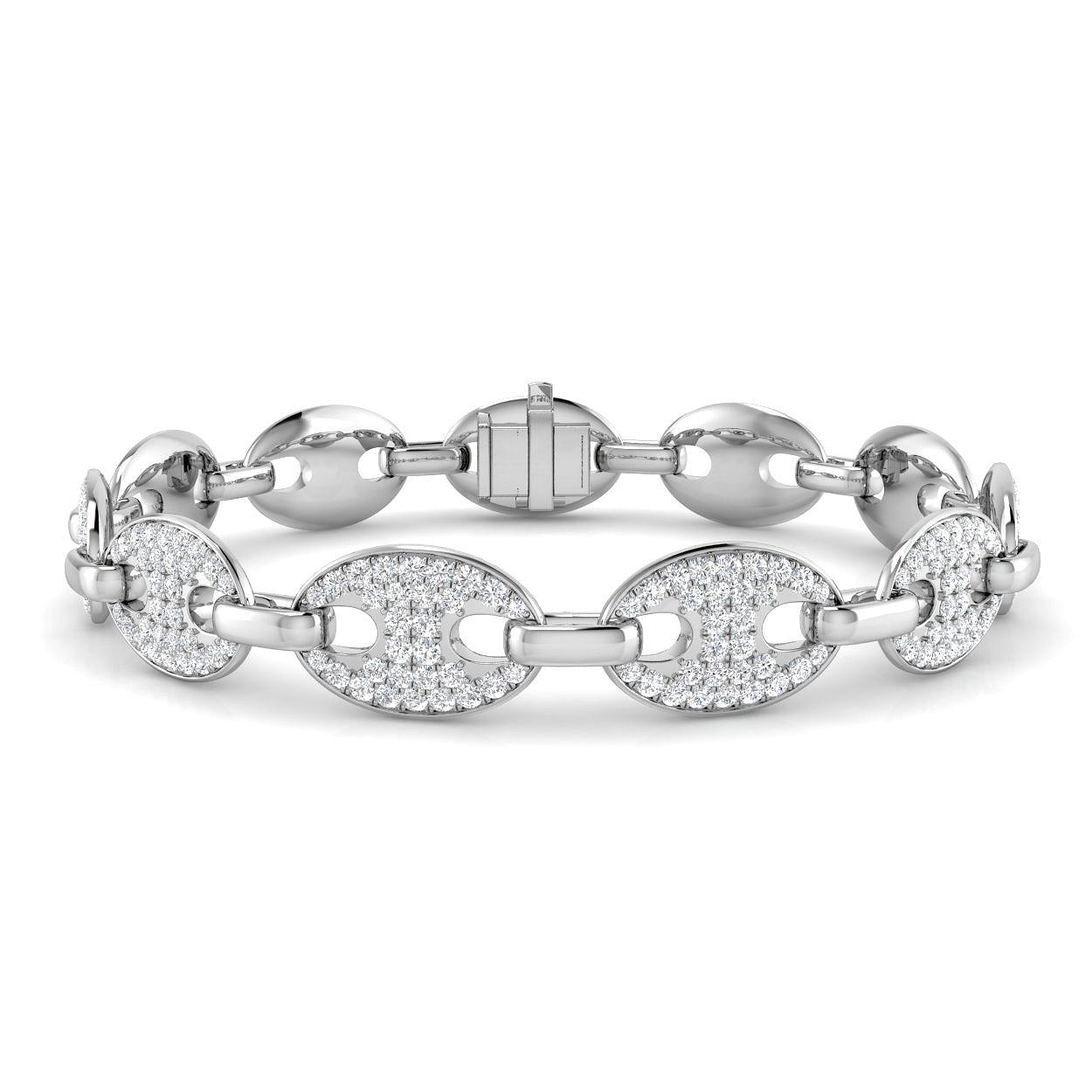 9K White Gold Natural Diamond Puff Link Bracelet, Pave Set Oval Diamond Puff Chain Bracelet in 9K White Gold