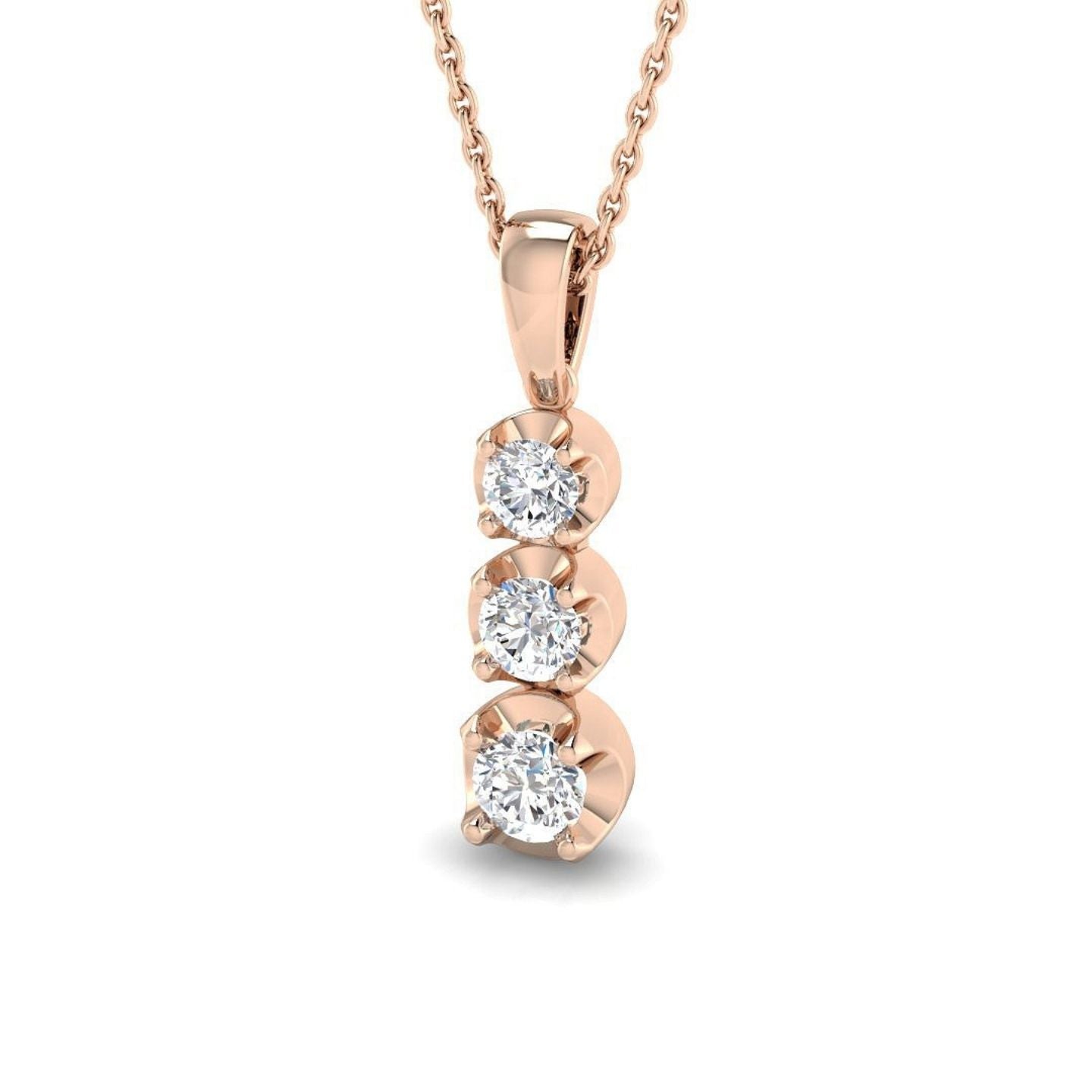 Rose gold necklace with three diamond stones on a white background