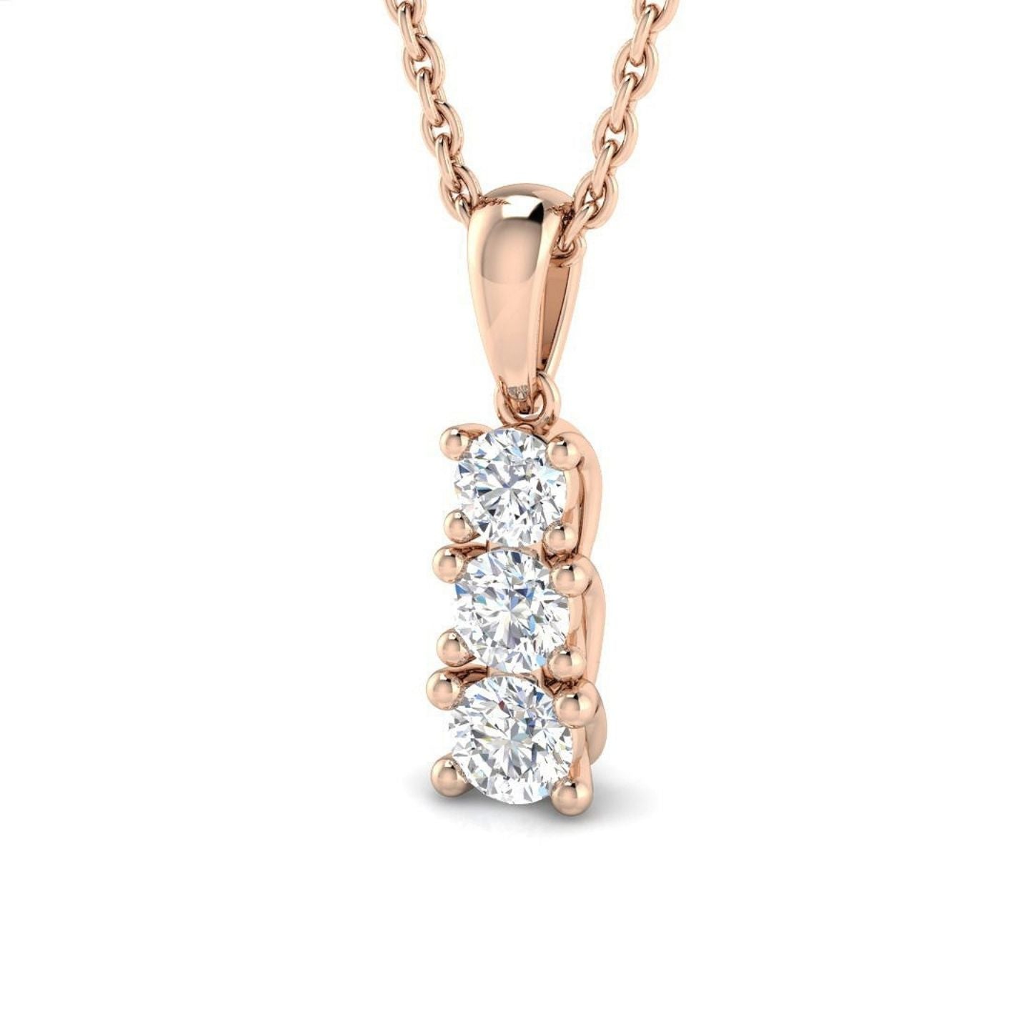 Rose gold necklace with a three-stone diamond pendant on a white background