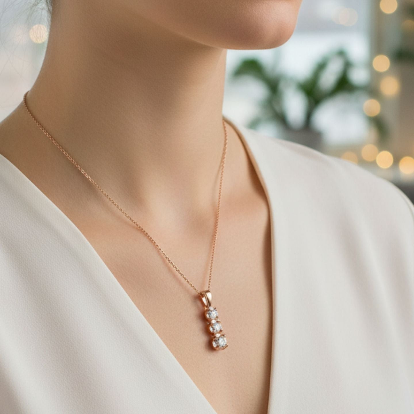 Rose gold necklace with a pendant on a blurred background