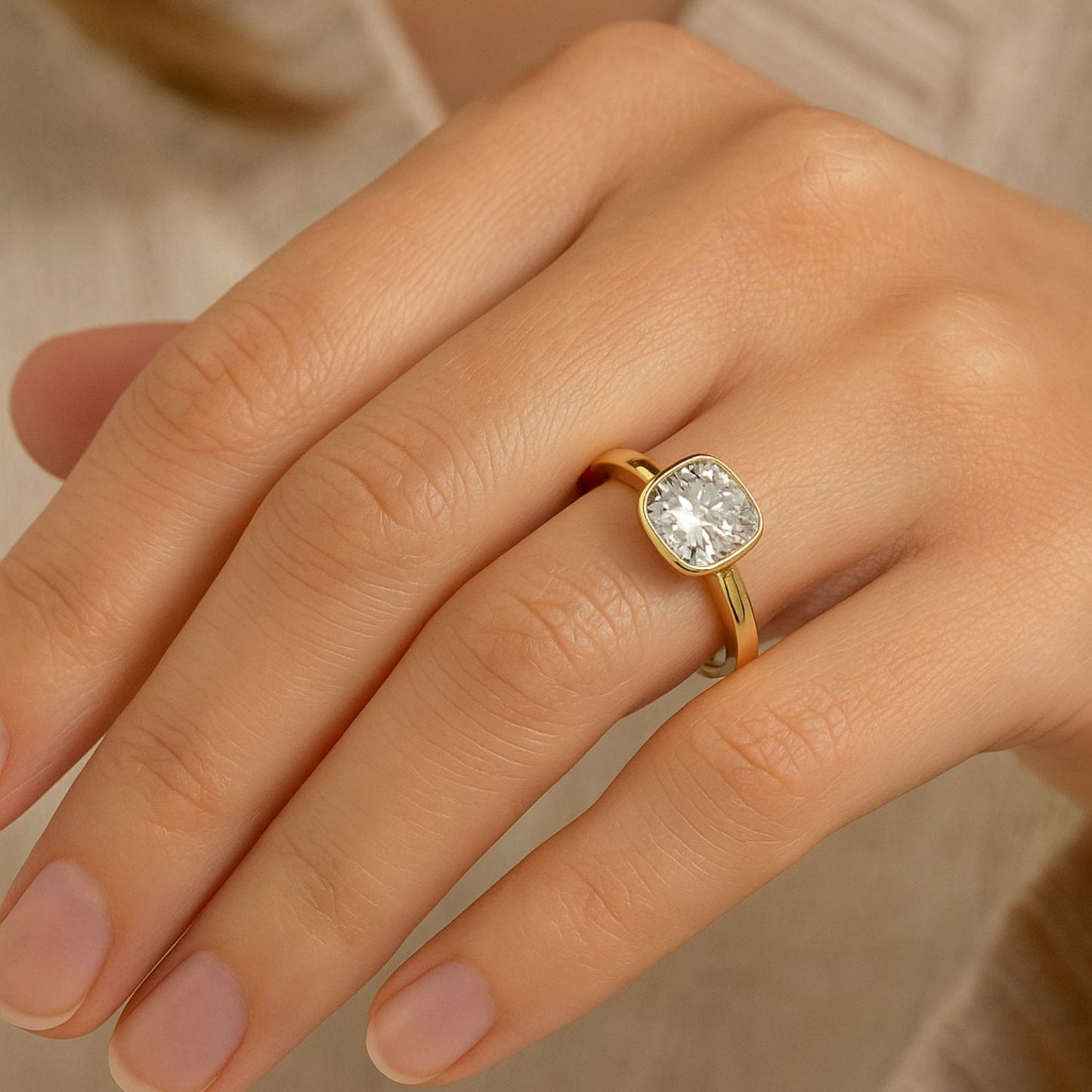 IGI Lab-Grown Cushion Diamond Bezel Set Solitaire Engagement Ring, D Color VVS Clarity