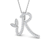 Paved Initial Diamond Pendant with Leaf Design | Custom A-Z Pendant without Chain