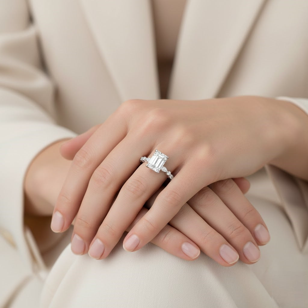 Close-up of a hand wearing a diamond ring with a soft focus background