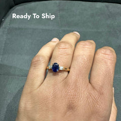 9K Yellow Gold Prong Set Three Stone Natural Sapphire Oval Diamond Ring