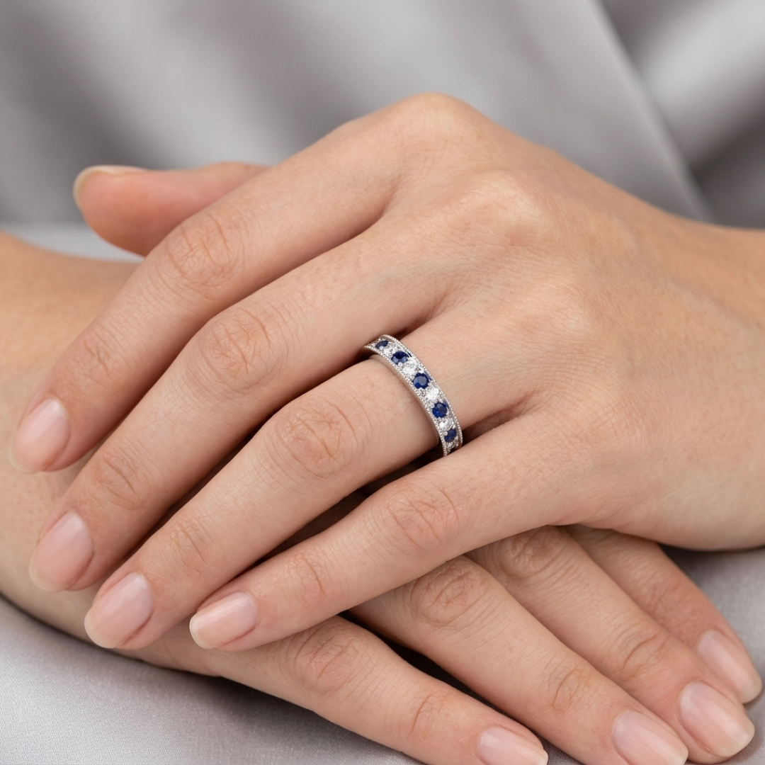 18K White Gold Alternating Sapphire & Diamond Half Eternity Band Ring | 0.25ct | UK Hallmarked