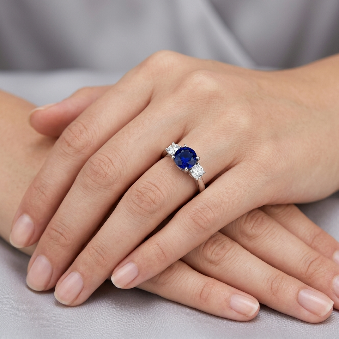 Round Blue Sapphire Three Stone Ring | Engagement Ring | Prong Setting