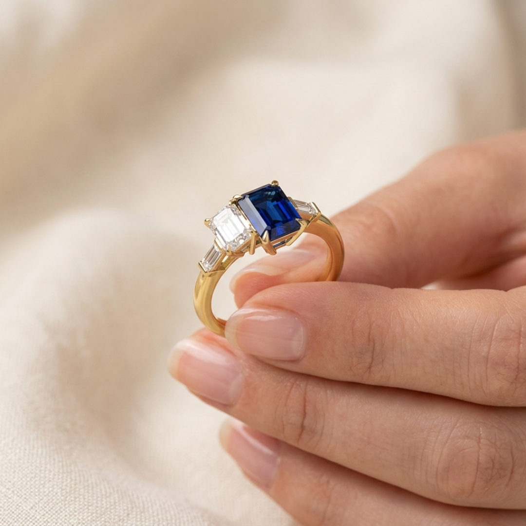 Emerald Sapphire Statement Ring with Baguette Diamonds | UK Hallmarked