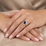 Pear Cut Blue Sapphire Halo Ring with Natural Round Diamond Pave Band