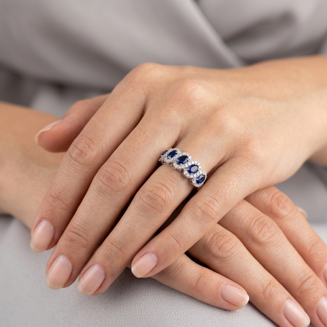 Blue Sapphire Five Stone Ring Oval Cut with Natural Round Side Accents