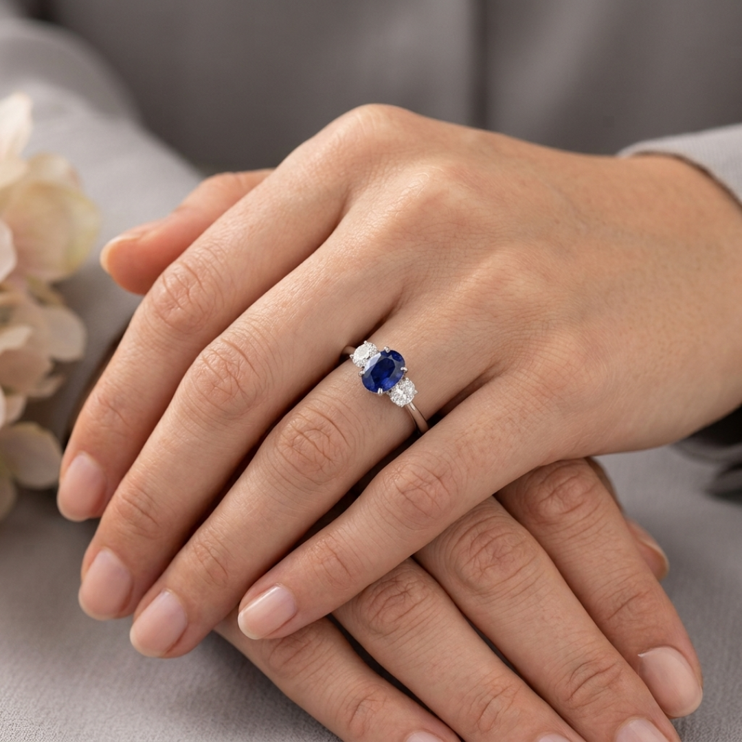 Oval Blue Sapphire Three Stone Ring with Diamond Sides | Trilogy Ring