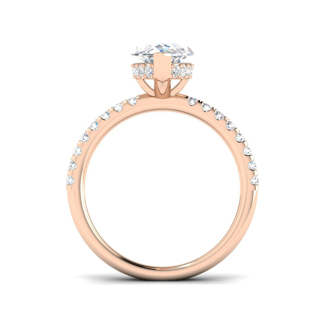 Romantic marquise cut diamond engagement ring in rose gold with refined pavé detailing