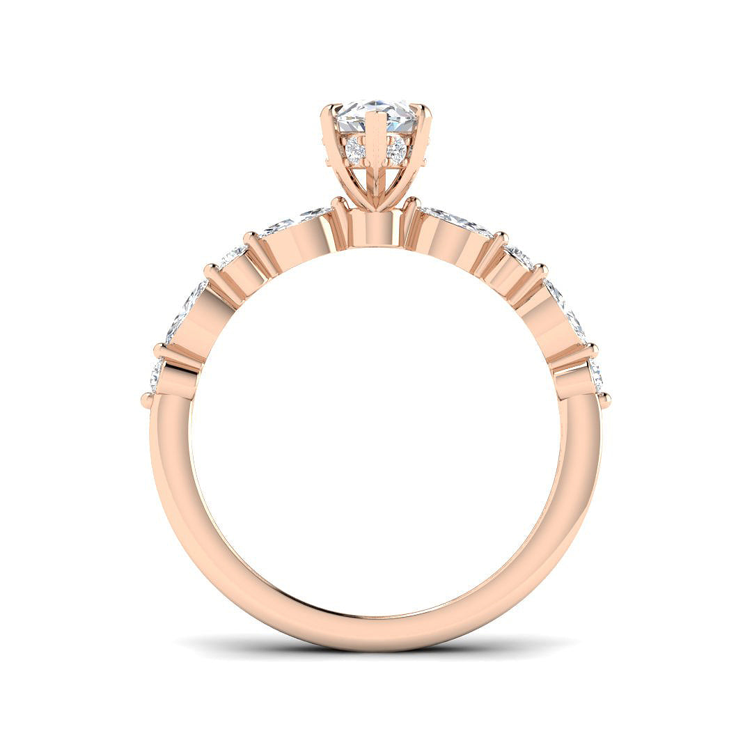 Romantic marquise diamond solitaire engagement ring in rose gold showcasing a natural or lab grown diamond