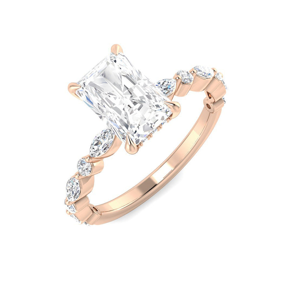 Rose Gold Radiant Cut Diamond Engagement Ring with Teardrop Side Stones