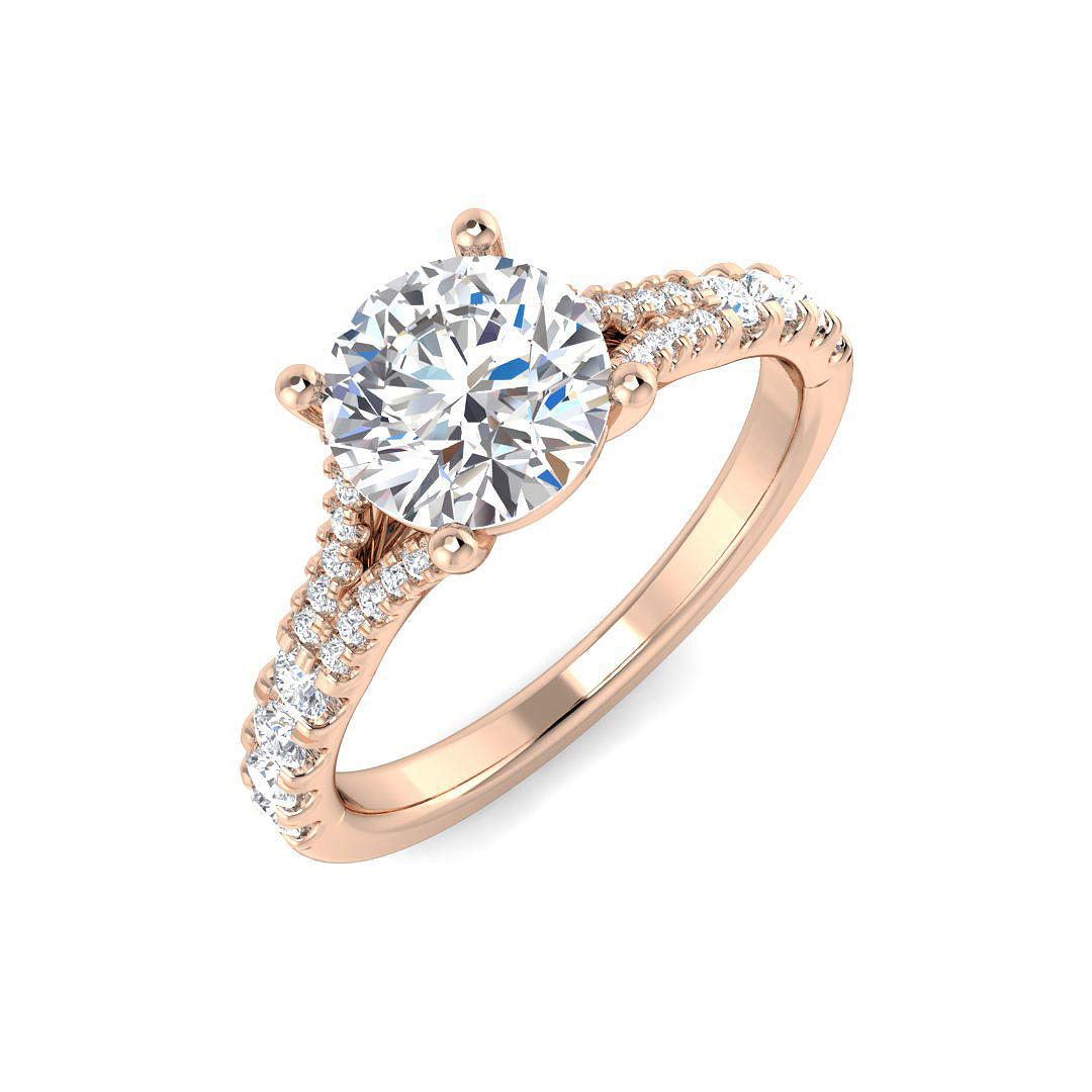 Rose gold round diamond ring with pavé split shoulders