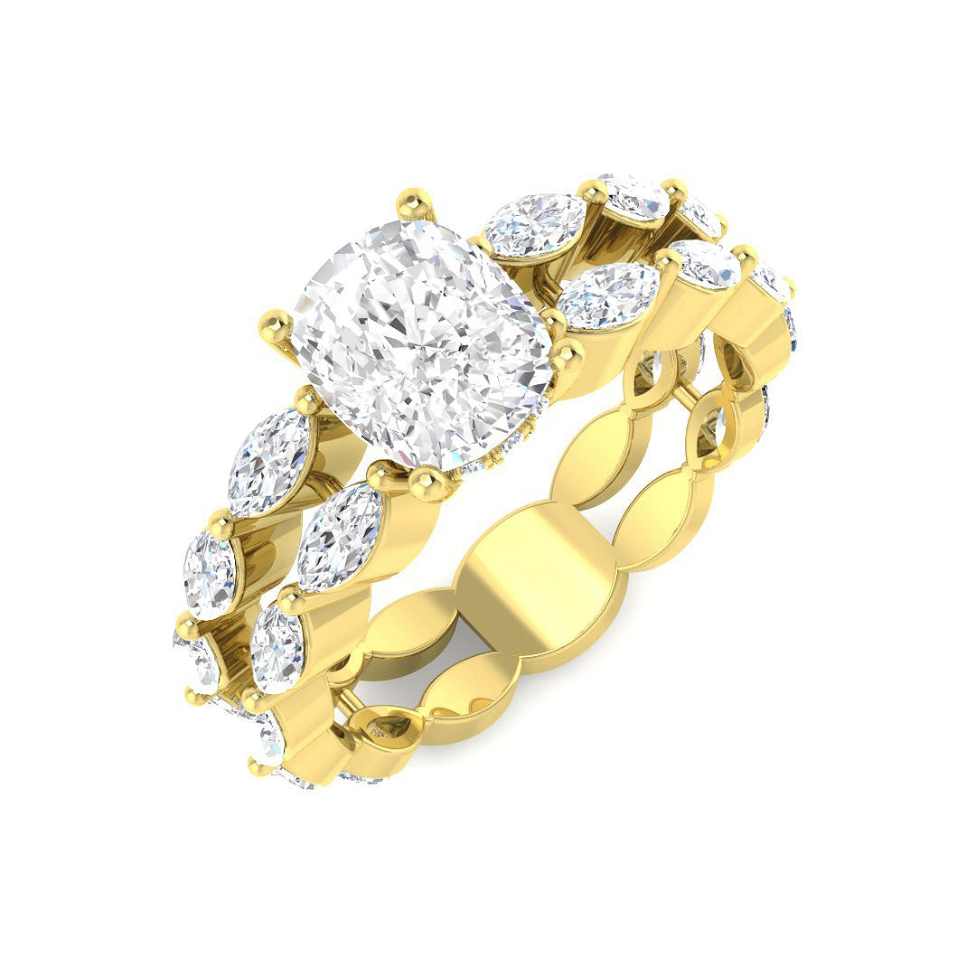Round cut natural or lab grown diamond full eternity engagement ring with marquise and round stones in yellow gold