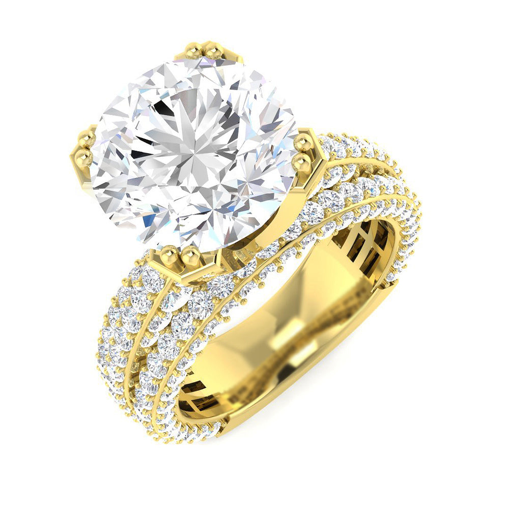 Round diamond halo ring in yellow gold with wide pavé split band