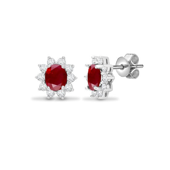 18K White Gold Solitaire Gemstone Stud Earrings in Prong-Set Diamond Cluster