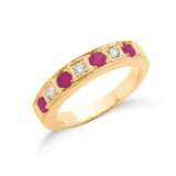 18K Yellow Gold Milgrain Half Eternity Ring in Natural Diamond and Gemstones
