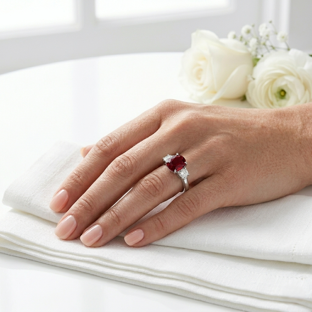 9K Yellow Gold Round Cut Natural Diamond Three-Stone Ring with Oval Colour Gemstone