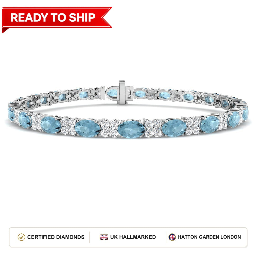 6.40Ct Oval Aquamarine & Diamond Designer Bracelet 9k White Gold
