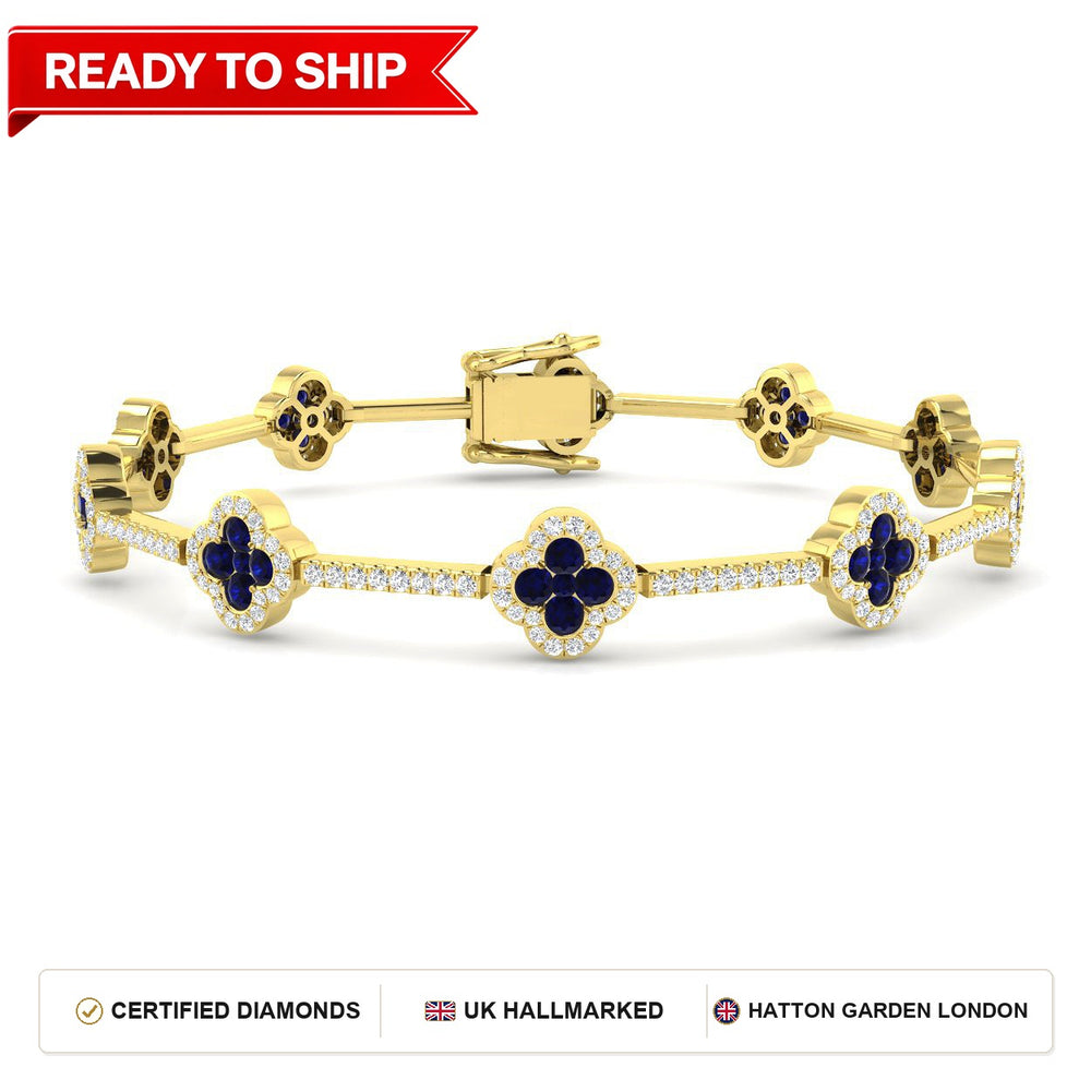 3.20Ct Round Blue Sapphire & Diamond Designer Bracelet 18k Yellow Gold