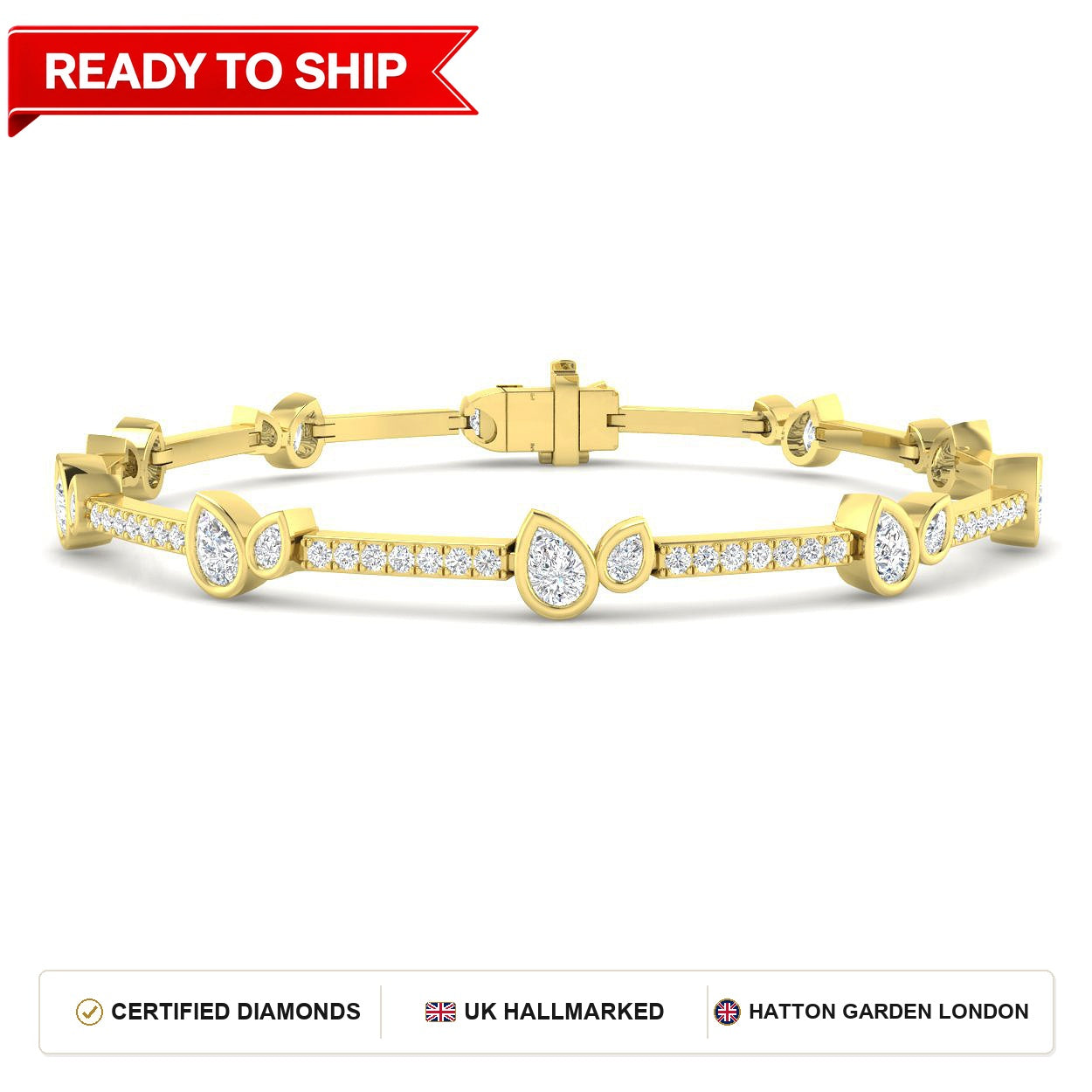 2.9 Carat Lab Grown Pear Diamond Tennis Bracelet 9k Yellow Gold Ready To Ship
