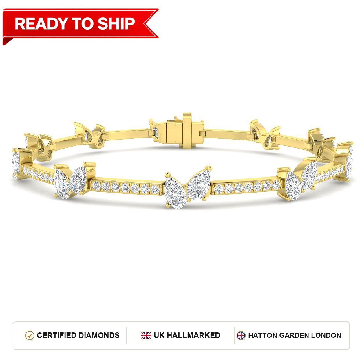 4.5 Carat Lab Grown Pear Diamond Tennis Bracelet 9k Yellow Gold Ready To Ship