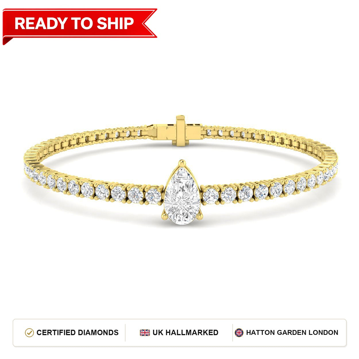 4.7 Carat Lab Grown Pear Diamond Tennis Bracelet 9k Yellow Gold Ready To Ship