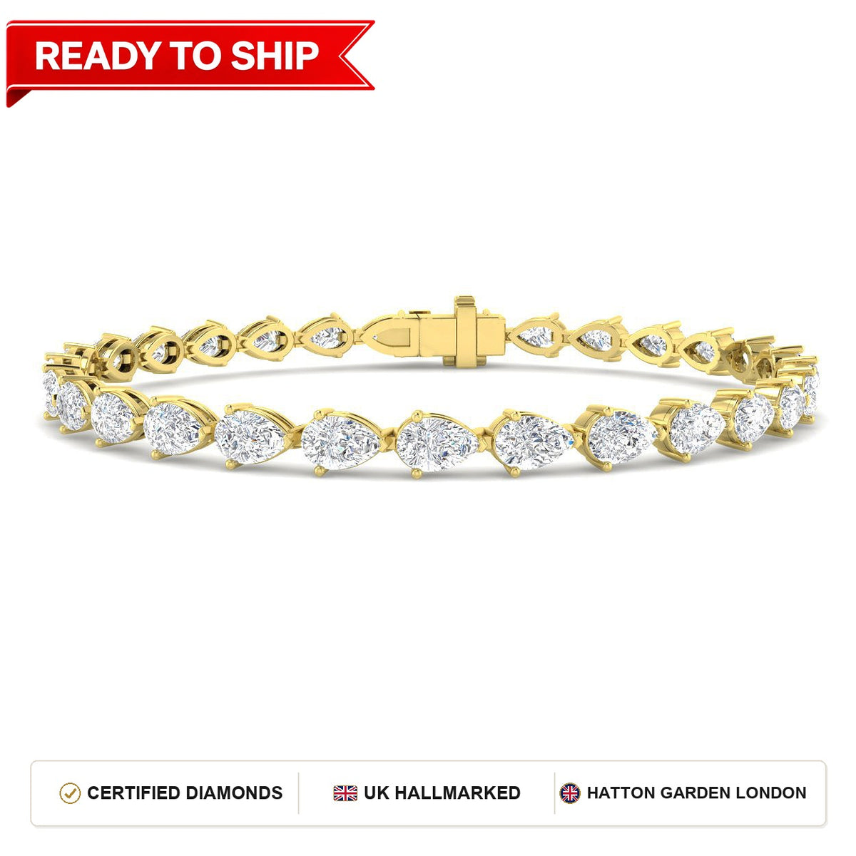 7.6 Carat Lab Grown Pear Diamond Tennis Bracelet 9k Yellow Gold Ready To Ship