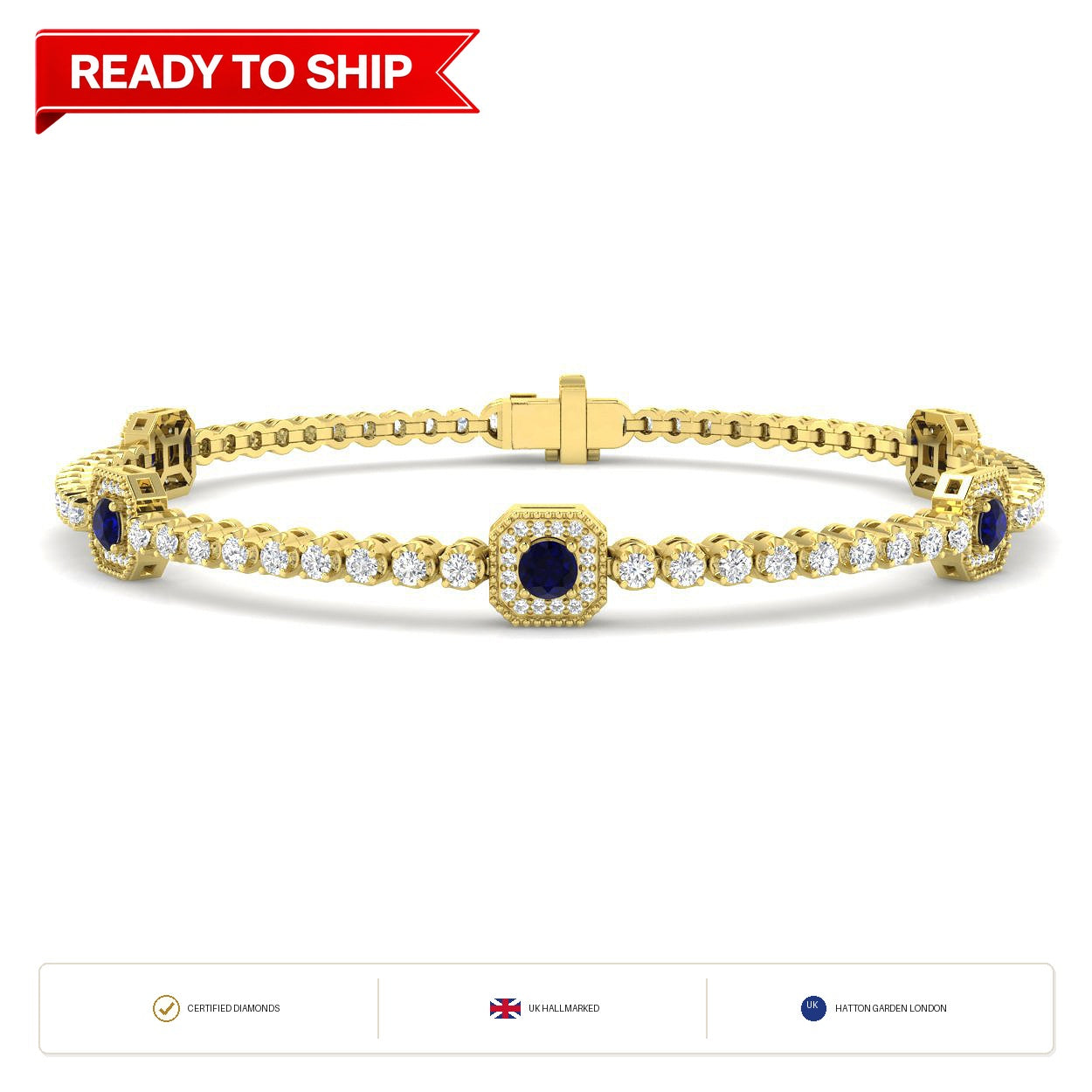 1.90Ct Round Blue Sapphire & Diamond Designer Bracelet 9k Yellow Gold