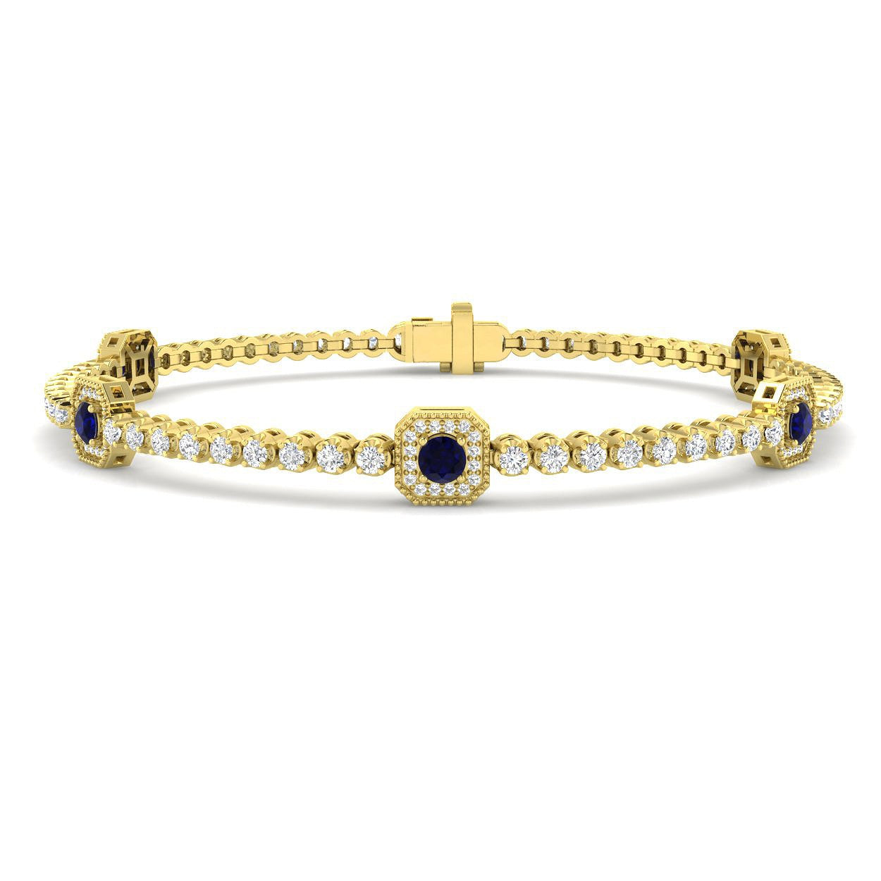 1.90Ct Round Blue Sapphire & Diamond Designer Bracelet 9k Yellow Gold Ready To Ship