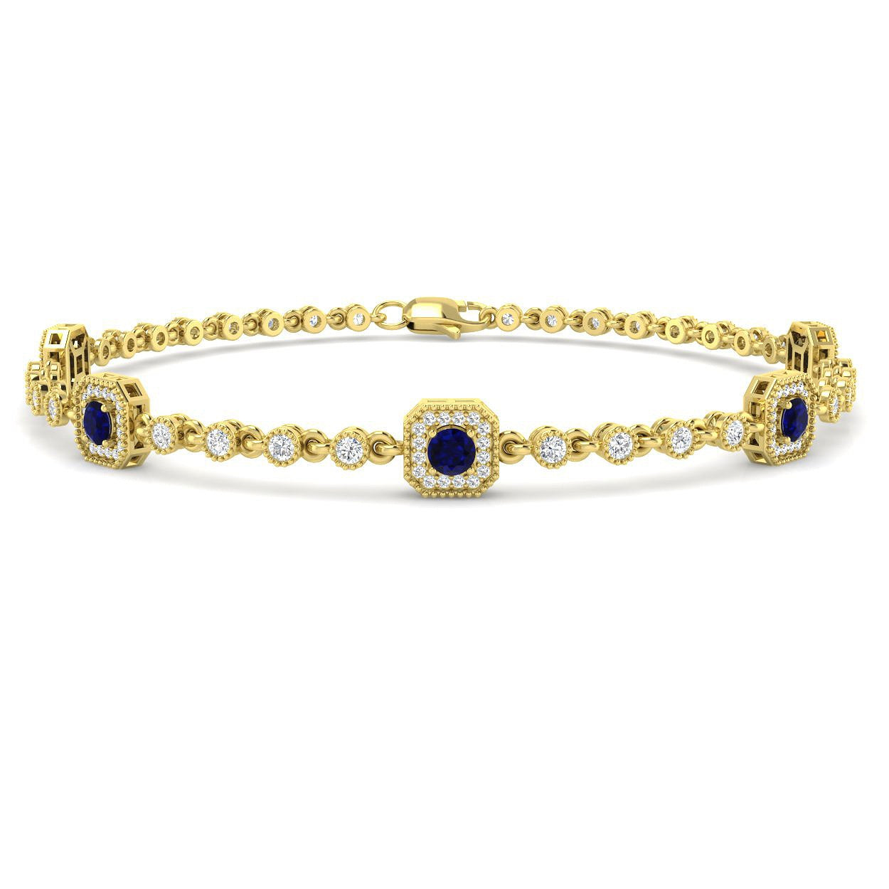 1.90Ct Round Blue Sapphire & Diamond Designer Bracelet 9k Yellow Gold Ready To Ship