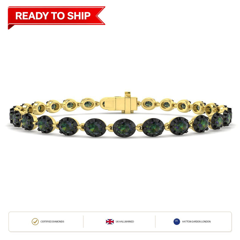 5.90Carat Oval Teal Sapphire & Diamond Designer Bracelet 9k Yellow Gold