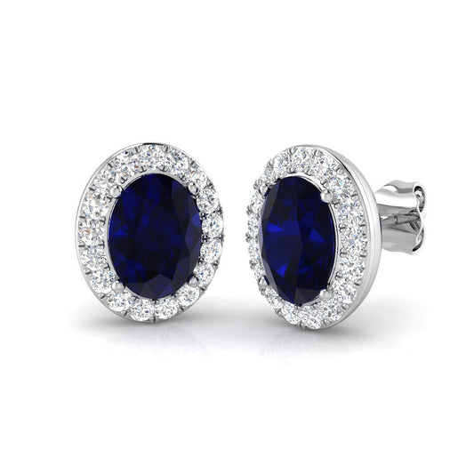Blue Sapphire Gemstone Halo Stud Earrings White Gold