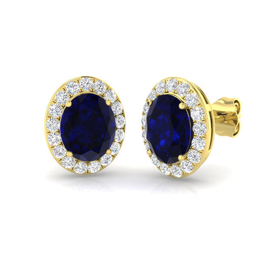 Blue Sapphire Gemstone Halo Stud Earrings Yellow Gold