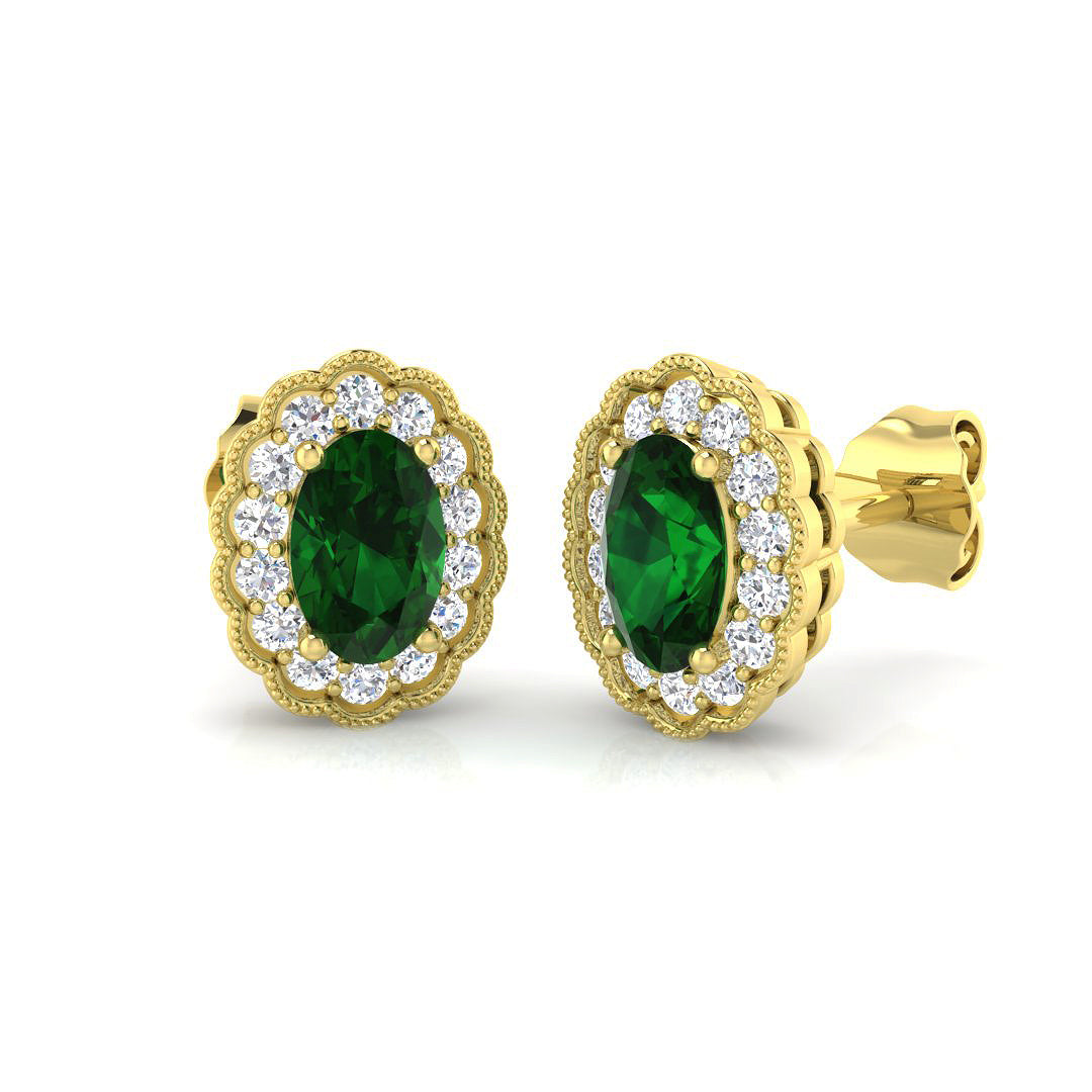 Vintage emerald halo earrings with milgrain cluster diamonds