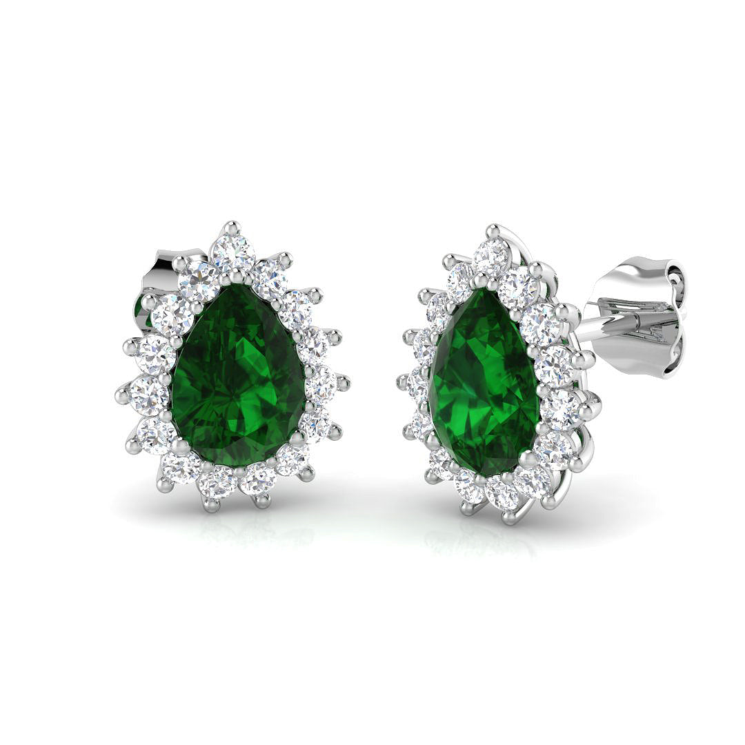 Green emerald lightning bolt stud earrings with gemstone pave setting