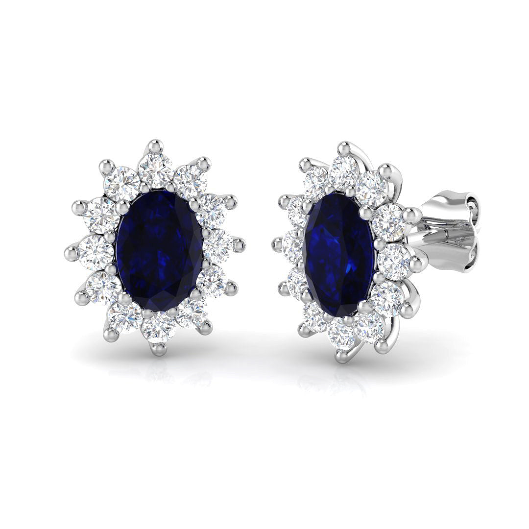 2.2ct Blue Sapphire & Natural Diamond Oval Cut Drop Earrings in 18K White Gold