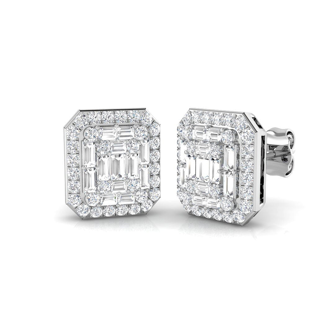 Stud Earrings with Emerald Shape Diamond Cluster | 1ct Gold